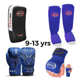 Kids Boxing Coach Ready Kit 8-12 Years | Boxing Gloves + Inner Gloves + Elastic Shinpads + Muay Thaipad Flame