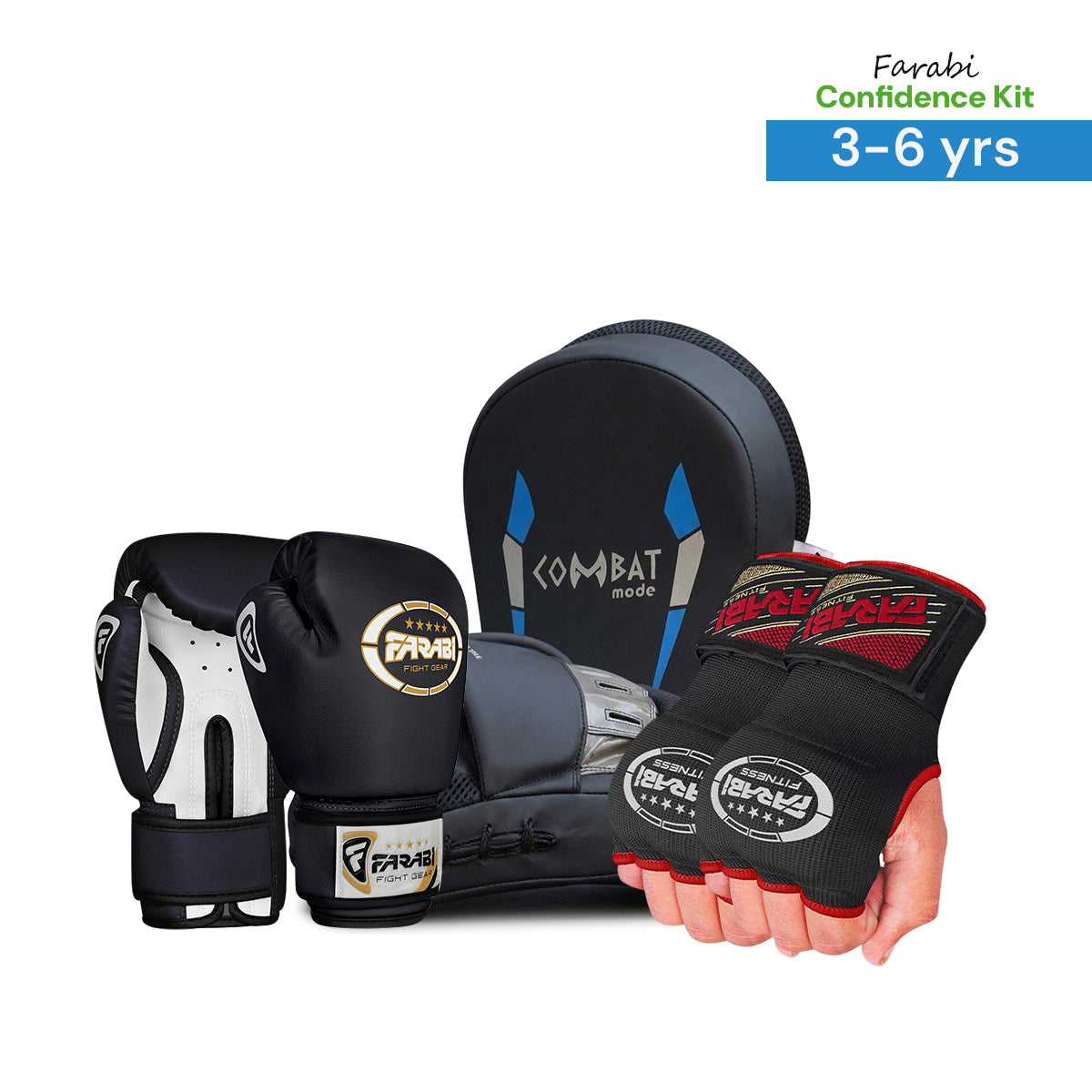 Farabi Confidence Kit 3-6 Years | Boxing Gloves + Inner Gloves + Pair of Thai Pads