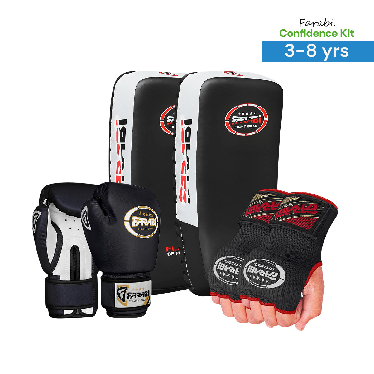Farabi Confidence Kit 3-8 Years | Boxing Gloves + Inner Gloves + Pair of Thai Pads