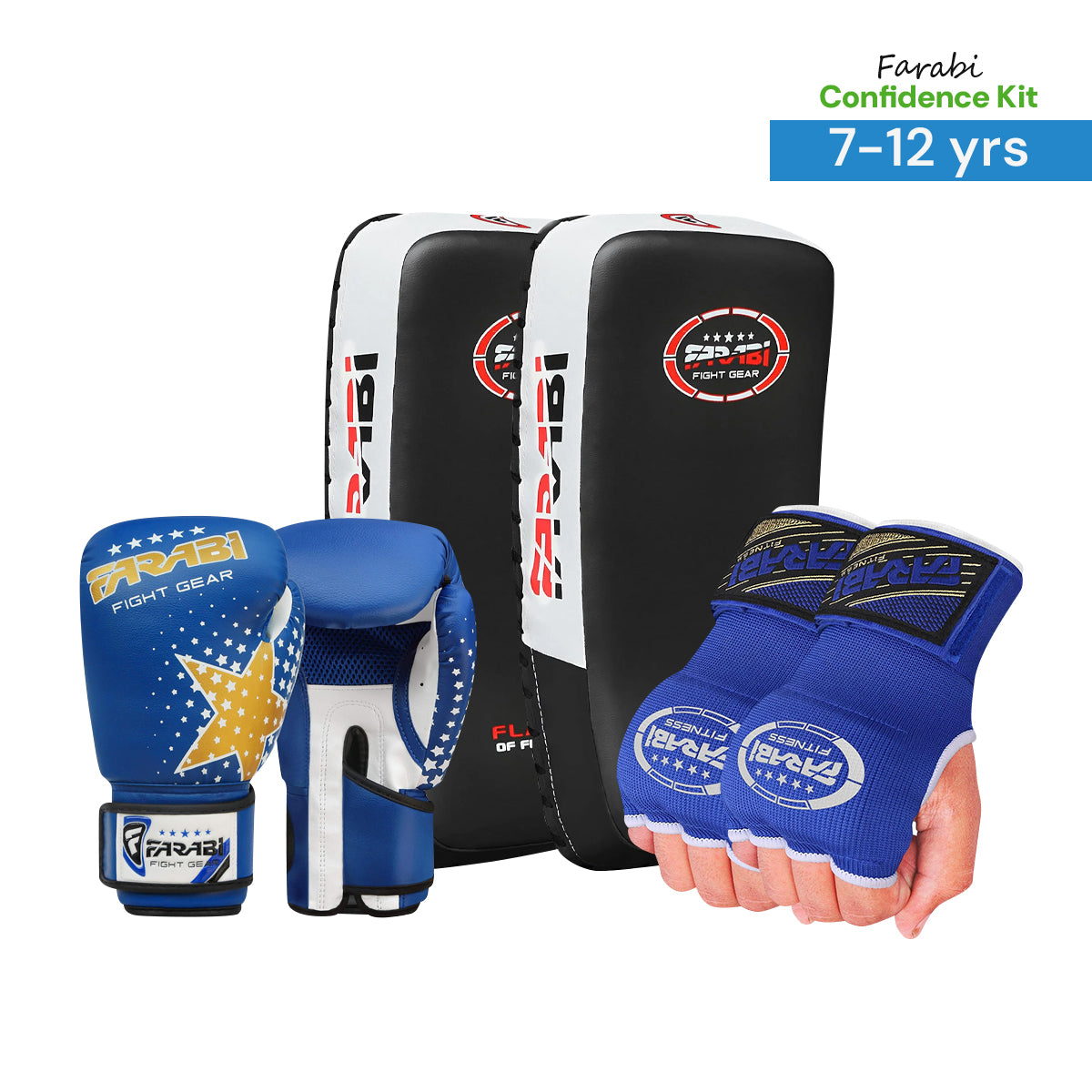 Farabi Confidence Kit 7-12Years | Boxing Gloves + Inner Gloves + Pair of Thai Pads