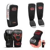 Kids Boxing Coach Ready Kit 8-12 Years | Boxing Gloves + Inner Gloves + Elastic Shinpads + Muay Thaipad Flame