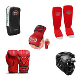 Kids Boxing Coach Ready Kit 8-12 Years | Grille Headguard + Boxing Gloves + Inner Gloves + Elastic Shinpads + Muay Thaipad Flame