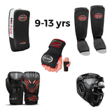 Kids Boxing Coach Ready Kit 8-12 Years | Grille Headguard + Boxing Gloves + Inner Gloves + Elastic Shinpads + Muay Thaipad Flame